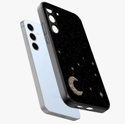 Twinkle Star With Half Moon Glass Case displayed in angled mockup highlighting celestial moon and star design with magical aesthetic.