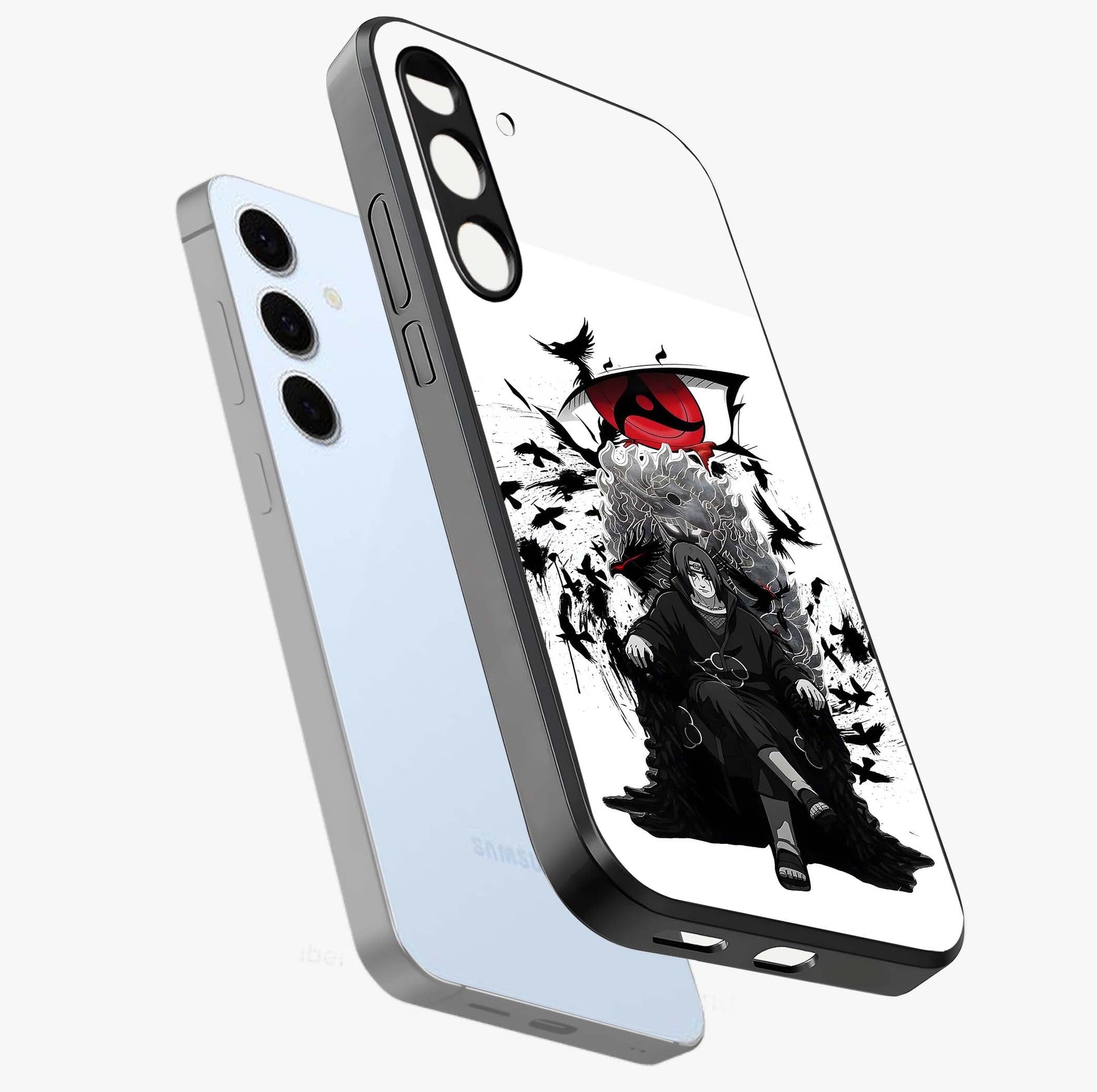 Uchiha Shadow Throne Glass Case displayed in angled mockup highlighting glowing aquatic design with celestial aesthetic.