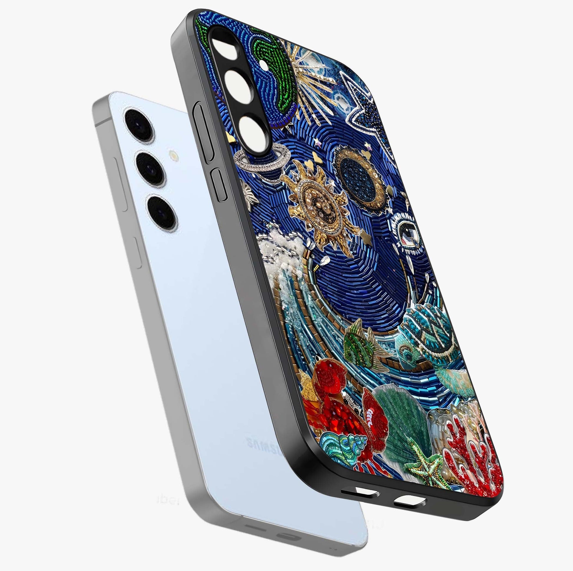 Universe Underwater Spark Glass Case displayed in angled mockup highlighting glowing aquatic design with celestial aesthetic.