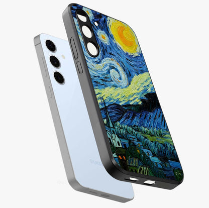 Van Gogh Art Glass Case displayed in angled mockup highlighting swirling brushstroke design with artistic aesthetic.