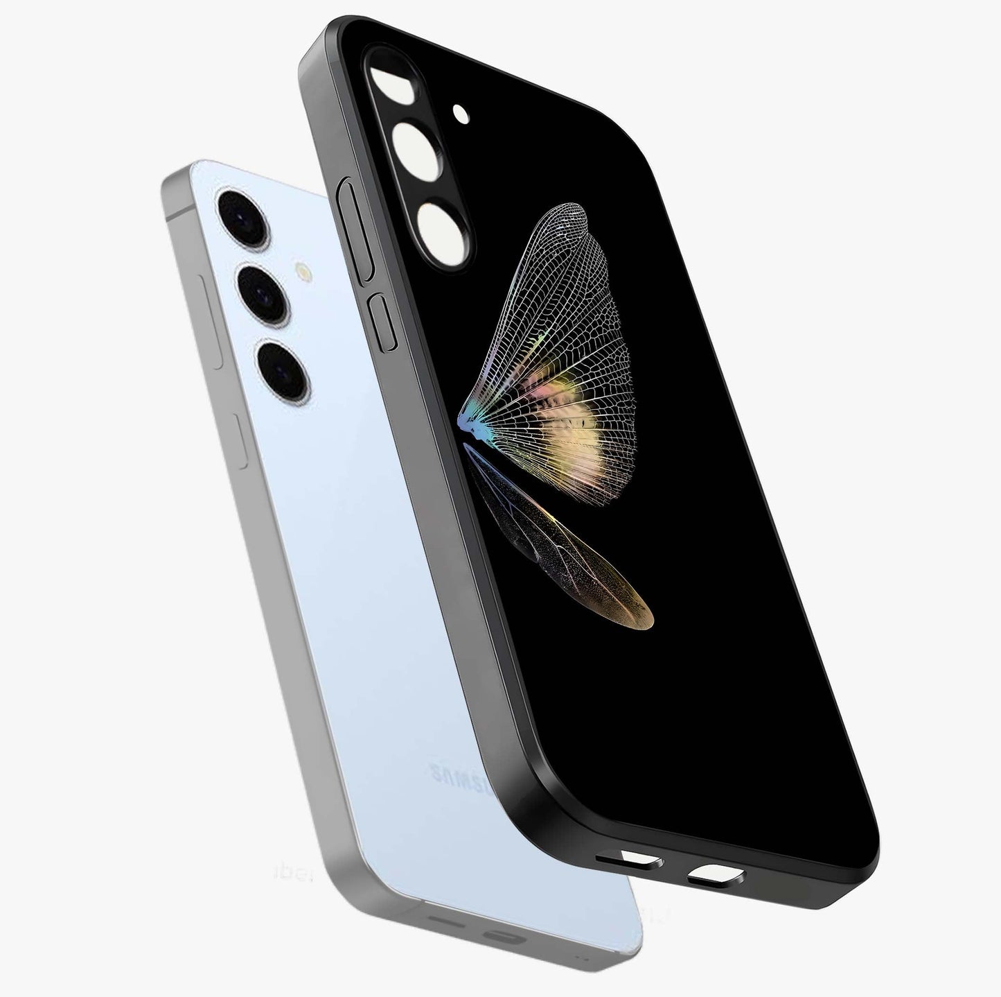 Whispers Of Wings Glass Case displayed in angled mockup highlighting soft feather design with celestial aesthetic style.