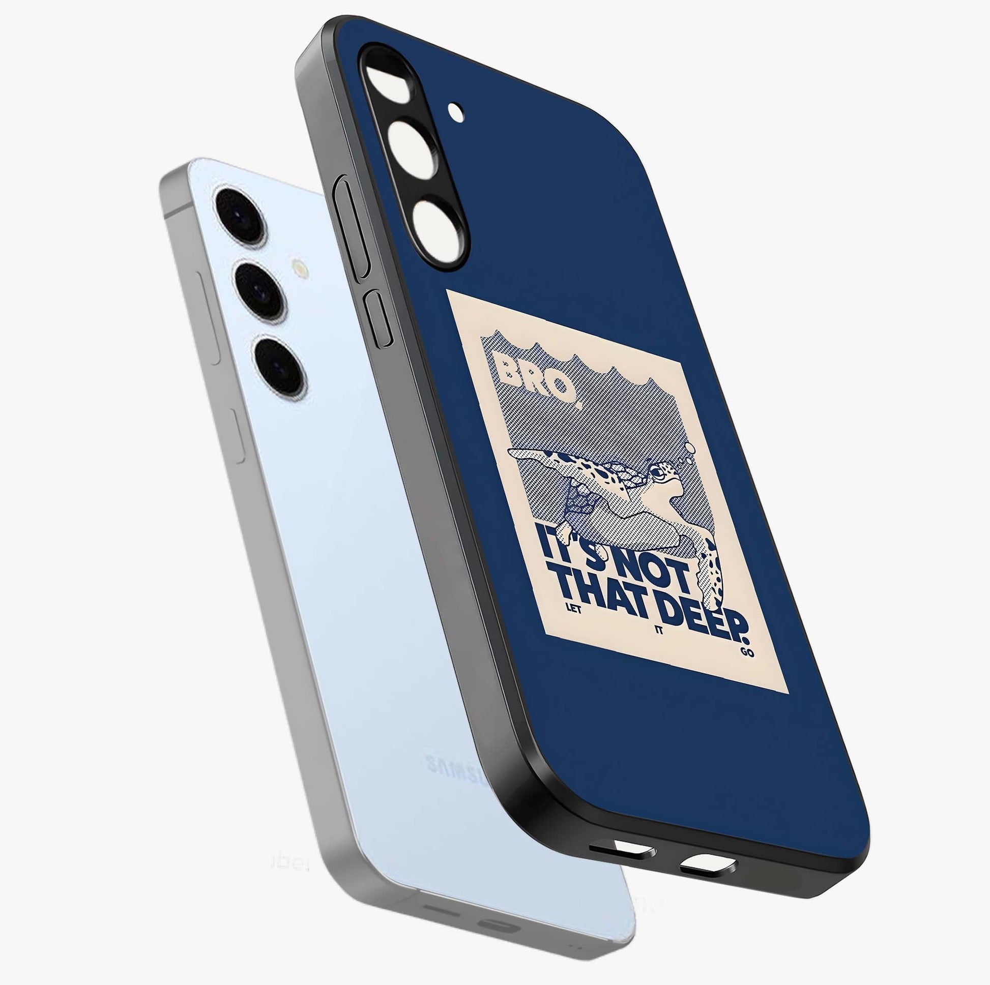 Worry Less Swim Glass Case displayed in angled mockup highlighting fun typography design with relaxed aesthetic style.
