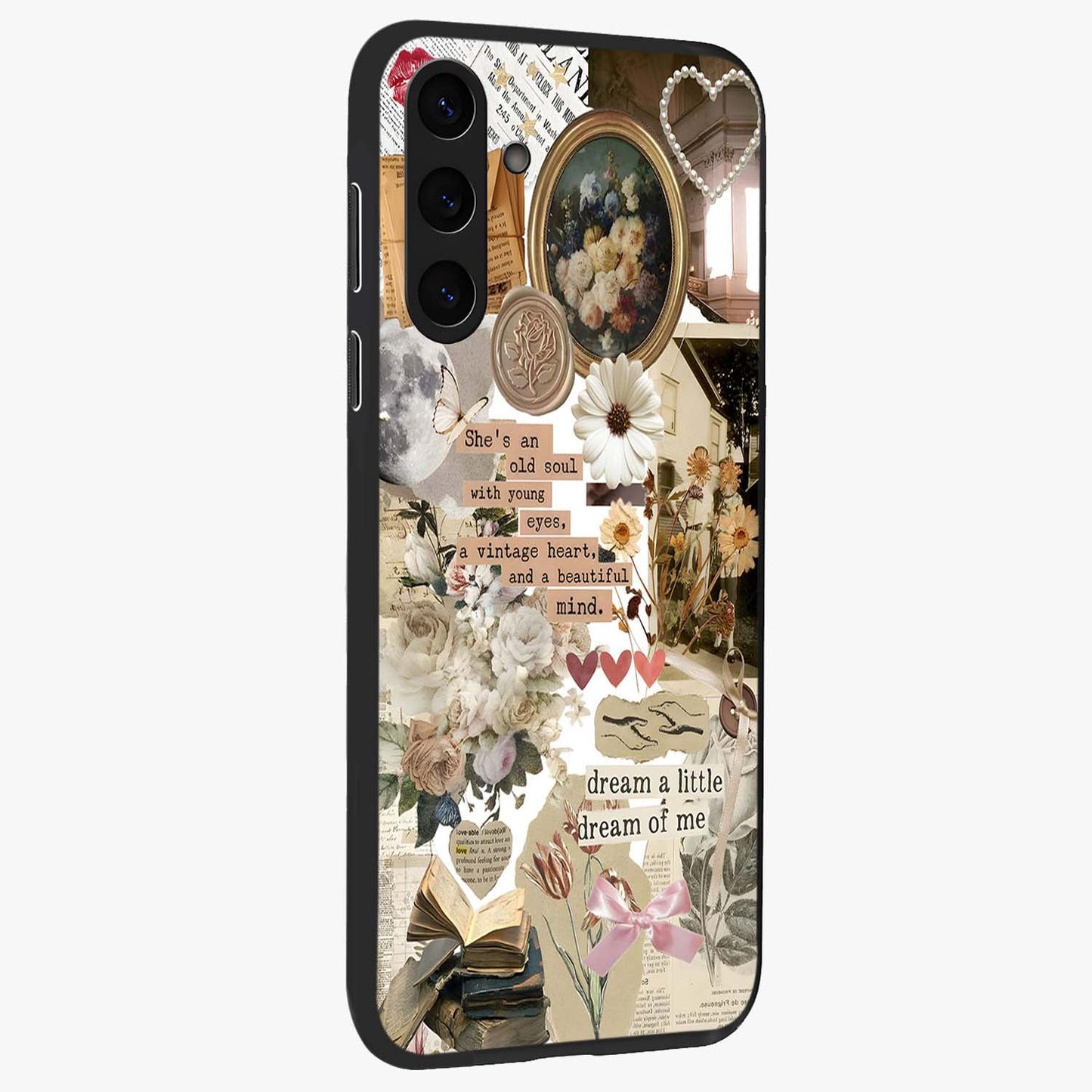 Aesthetic Brown Vintage Collage Glass Case upright view showcasing nostalgic retro artwork with stylish vintage theme.