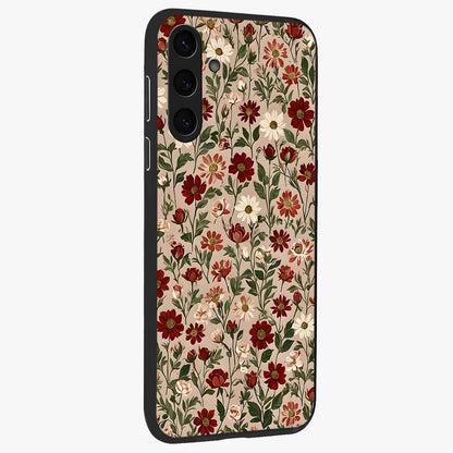 Biege Flower With Leaf Glass Case upright view showcasing delicate beige flower illustration with clean botanical style.