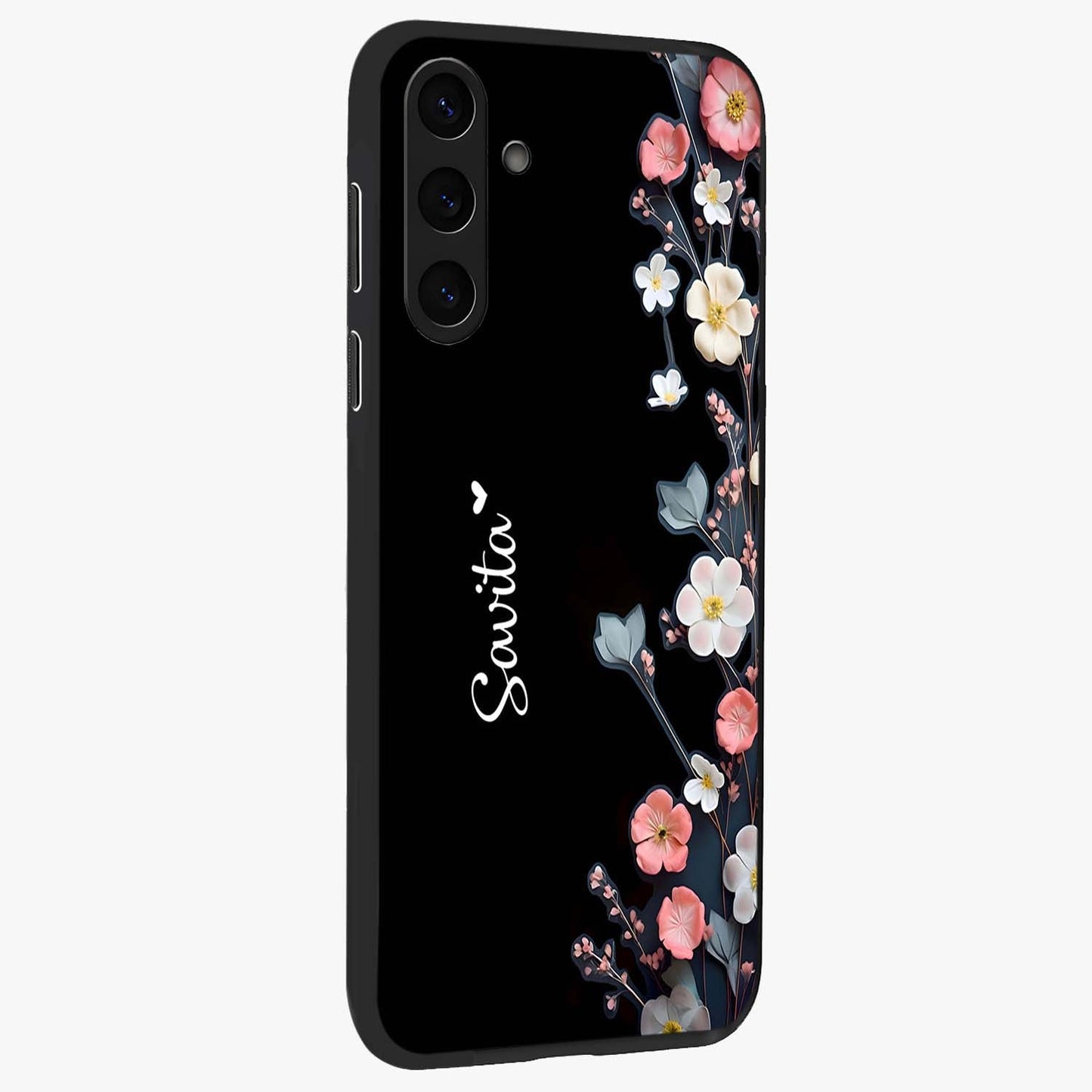 Black Elegance Floral Custom Name Glass Case upright view showcasing luxurious black floral design with personalized name detail.