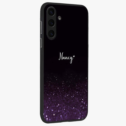 Glittery Purple Bokeh Custom Name Glass Case upright view showcasing vibrant purple sparkle artwork with personalized aesthetic style.