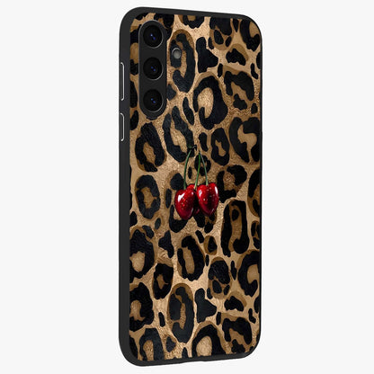Leopard Wild Cherry Glass Case upright view showcasing stylish leopard pattern artwork with trendy fashion theme.