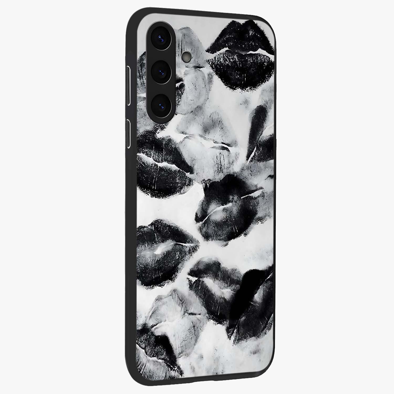 Midnight Kiss Marks Glass Case upright view showcasing stylish kiss mark artwork with trendy romantic theme.