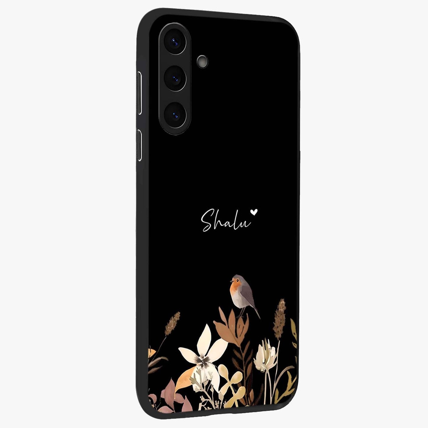 Quiet Garden Tune Custom Name Glass Case upright view showcasing serene botanical artwork with personalized aesthetic.