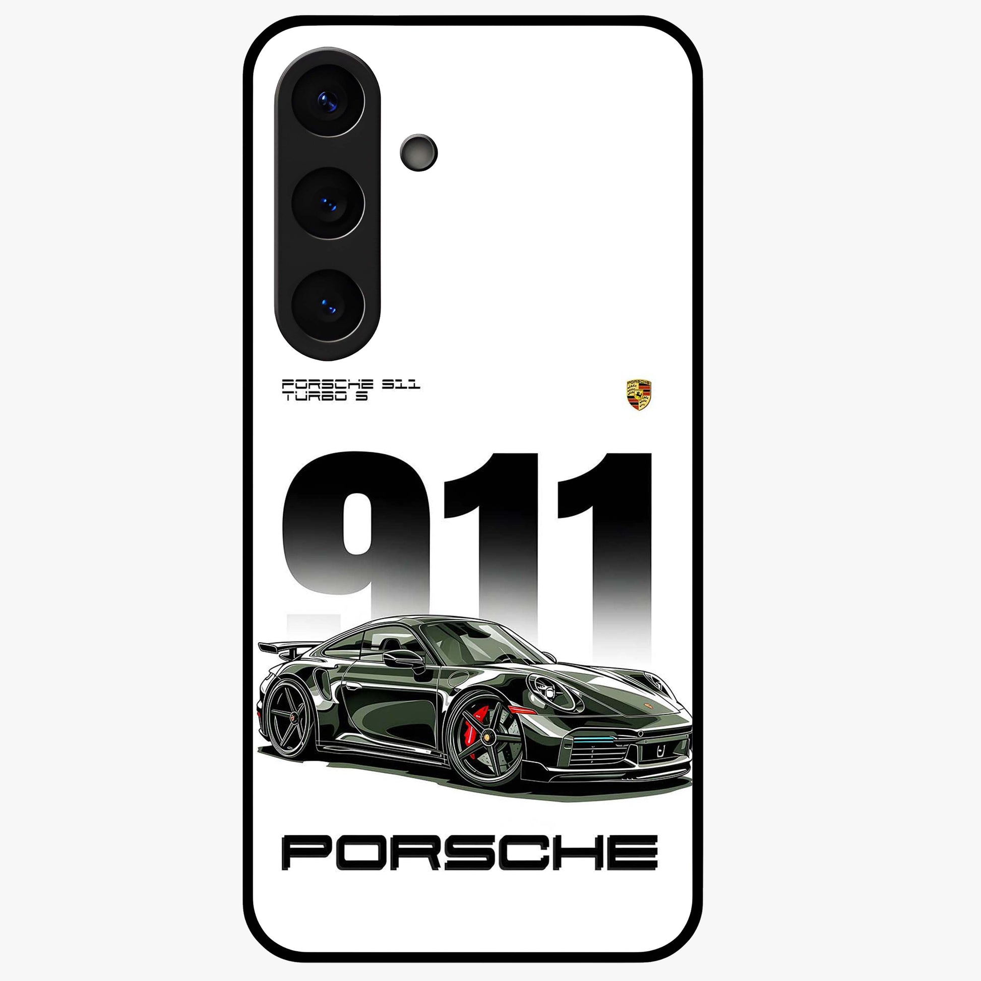 911 Turbo Dominance Glass Case showing clean flat back view with bold 911 sports car artwork and glossy glass finish.