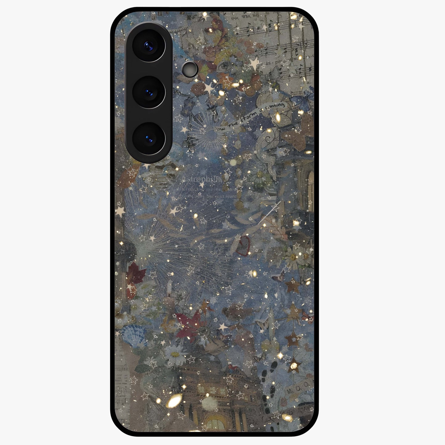 Aesthetic Astrolophia Glass Case showing flat back view with dreamy aesthetic design and glossy glass finish.