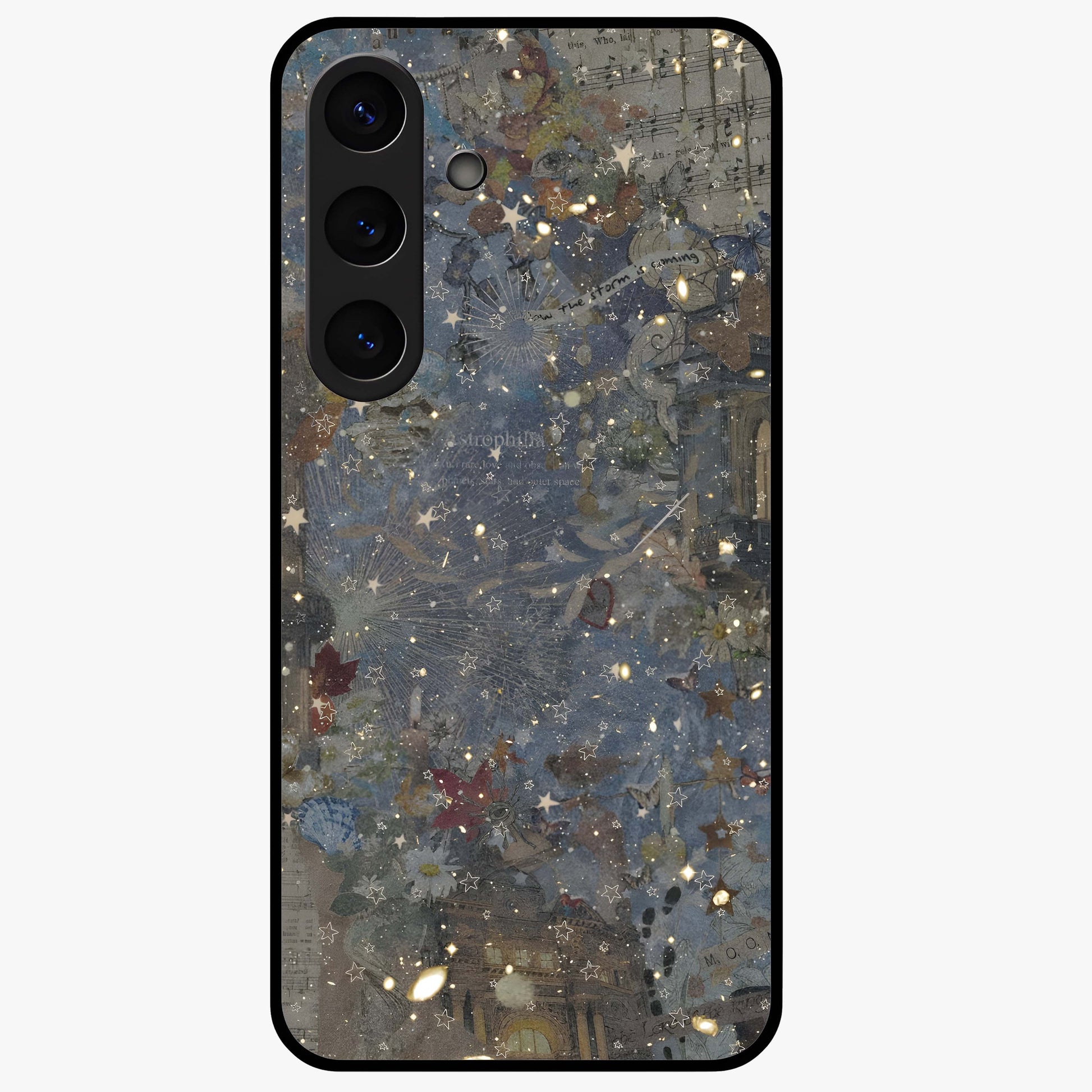 Aesthetic Astrolophia Glass Case showing flat back view with dreamy aesthetic design and glossy glass finish.