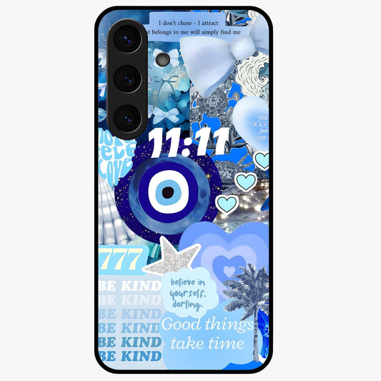 Aesthetic Be Kind Eye Glass Case showing flat back view with motivational eye artwork and glossy glass finish.
