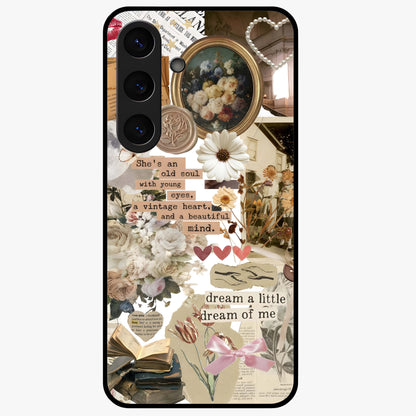 Aesthetic Brown Vintage Collage Glass Case showing flat back view with retro collage artwork and glossy glass finish.