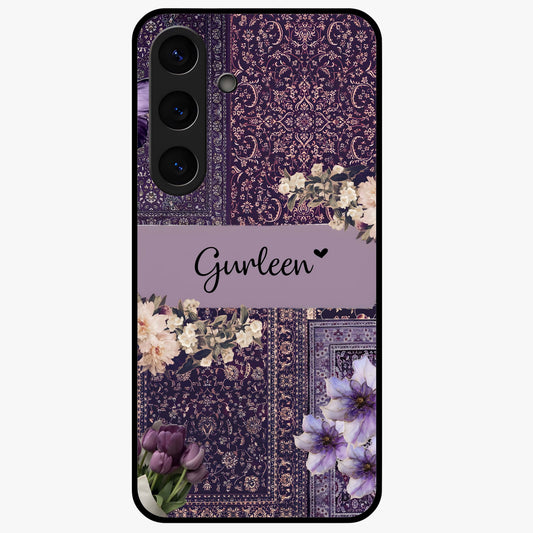 Antique Floral Whisper Custom Name Glass Case showing flat back view with vintage floral artwork and personalized name design.