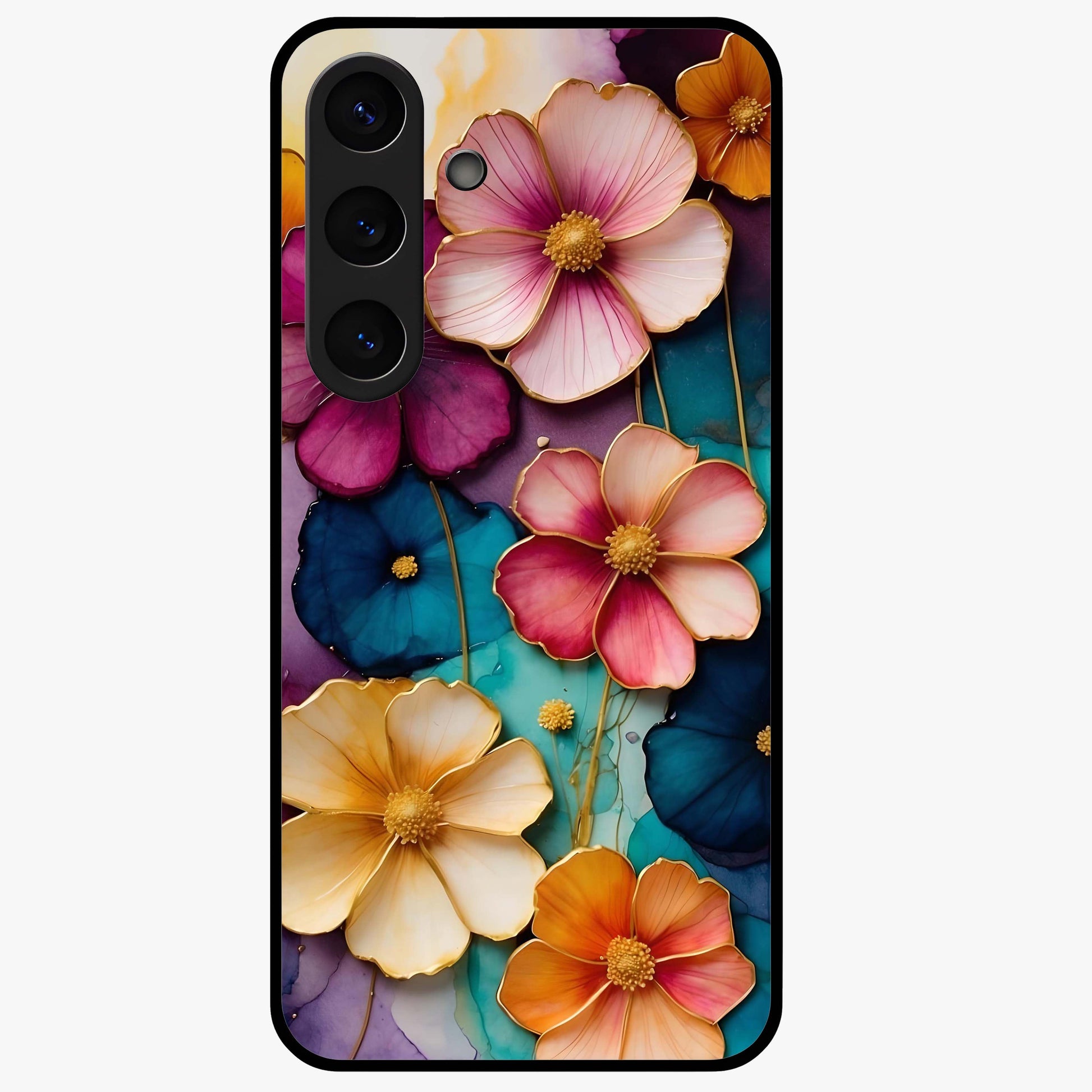 Artlyn Grace Flower Pattern Glass Case showing flat back view with elegant floral pattern artwork and glossy glass finish.