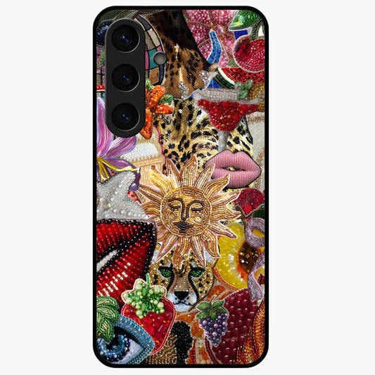 Beaded Fashion Jungle Glass Case showing flat back view with vibrant jungle inspired bead artwork and glossy glass finish.