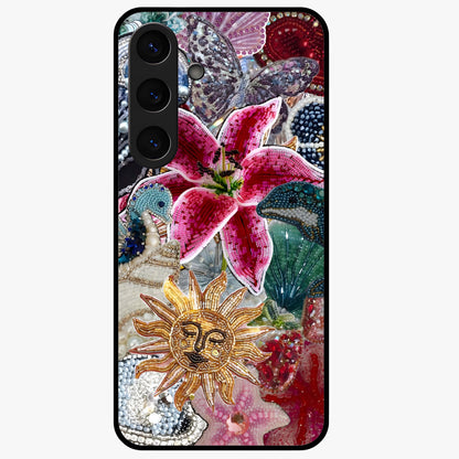 Beaded Garden Fantasy Glass Case showing flat back view with dreamy garden bead artwork and glossy glass finish.
