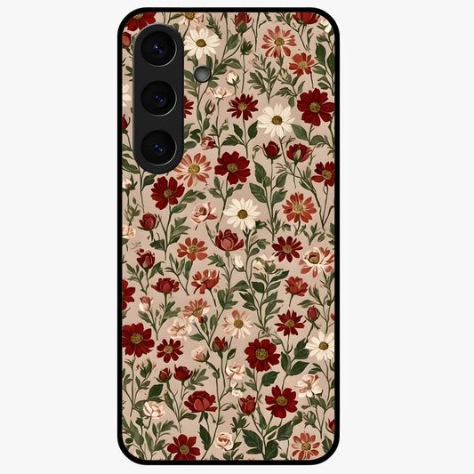 Biege Flower With Leaf Glass Case showing flat back view with soft beige floral artwork and glossy glass finish.