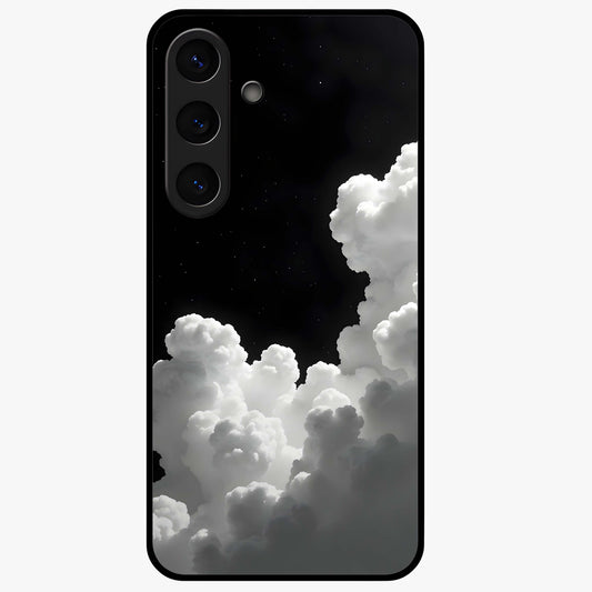 Black Background With White Cloud Glass Case showing flat back view with minimal cloud artwork on dark background and glossy glass finish.
