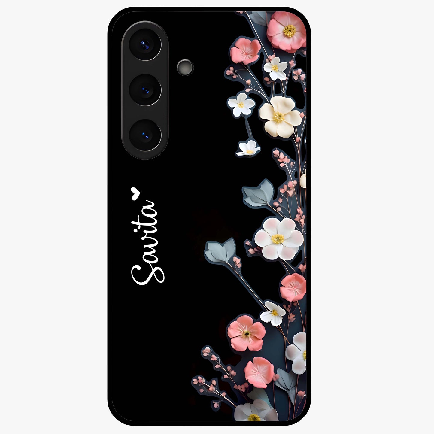 Black Elegance Floral Custom Name Glass Case showing flat back view with elegant floral artwork and personalized name design.