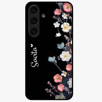 Black Elegance Floral Custom Name Glass Case showing flat back view with elegant floral artwork and personalized name design.