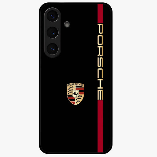 Black Minimal Porsche Glass Case showing flat back view with sleek minimal sports car artwork and glossy glass finish.