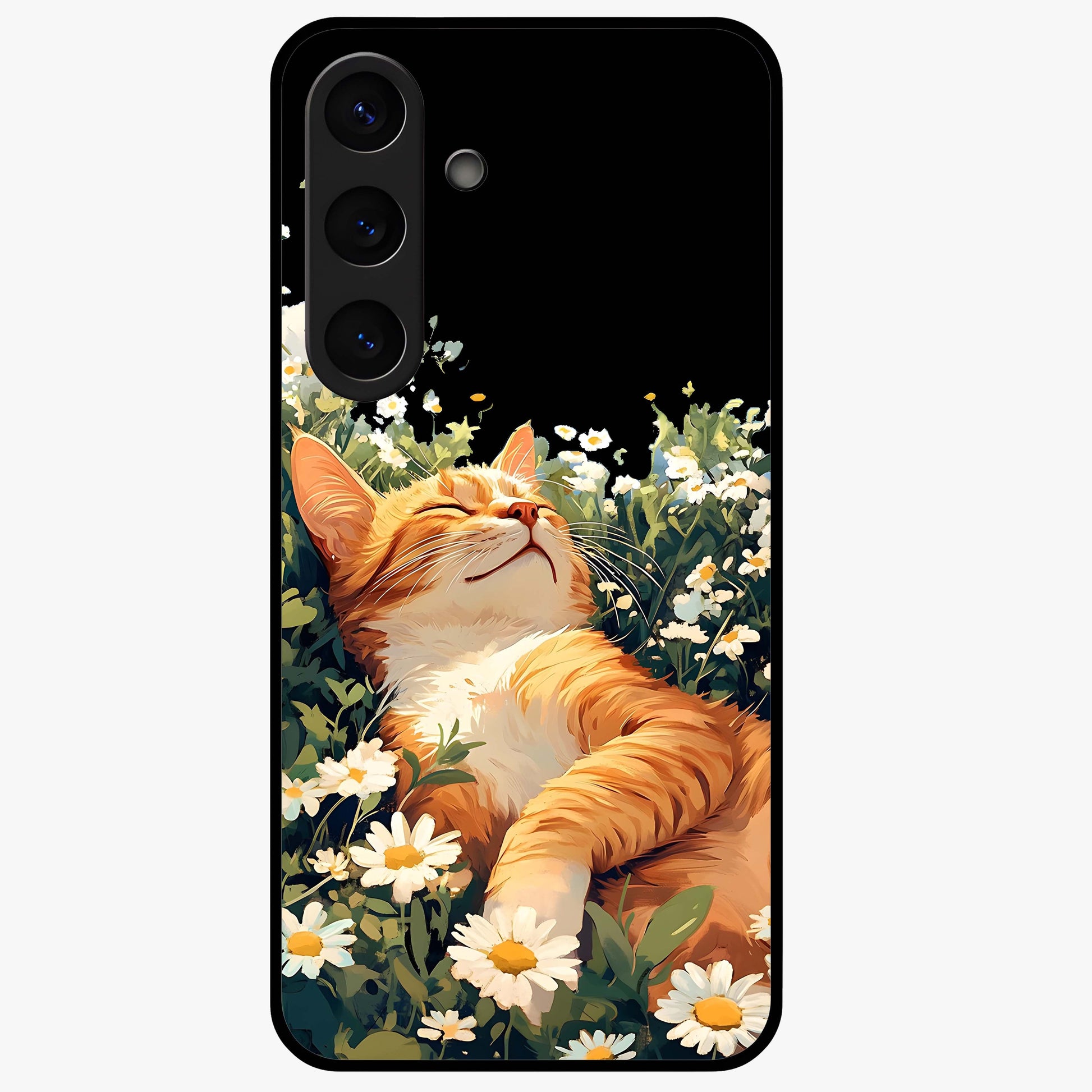 Blissful Bloom Cat Glass Case showing flat back view with cute cat and floral bloom artwork and glossy glass finish.