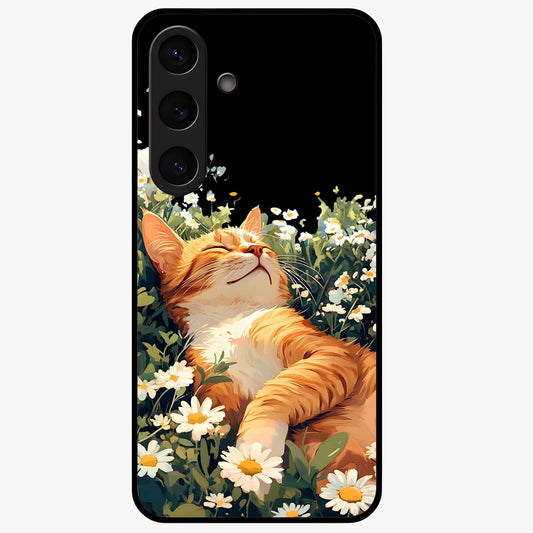 Blissful Bloom Cat Glass Case showing flat back view with cute cat and floral bloom artwork and glossy glass finish.