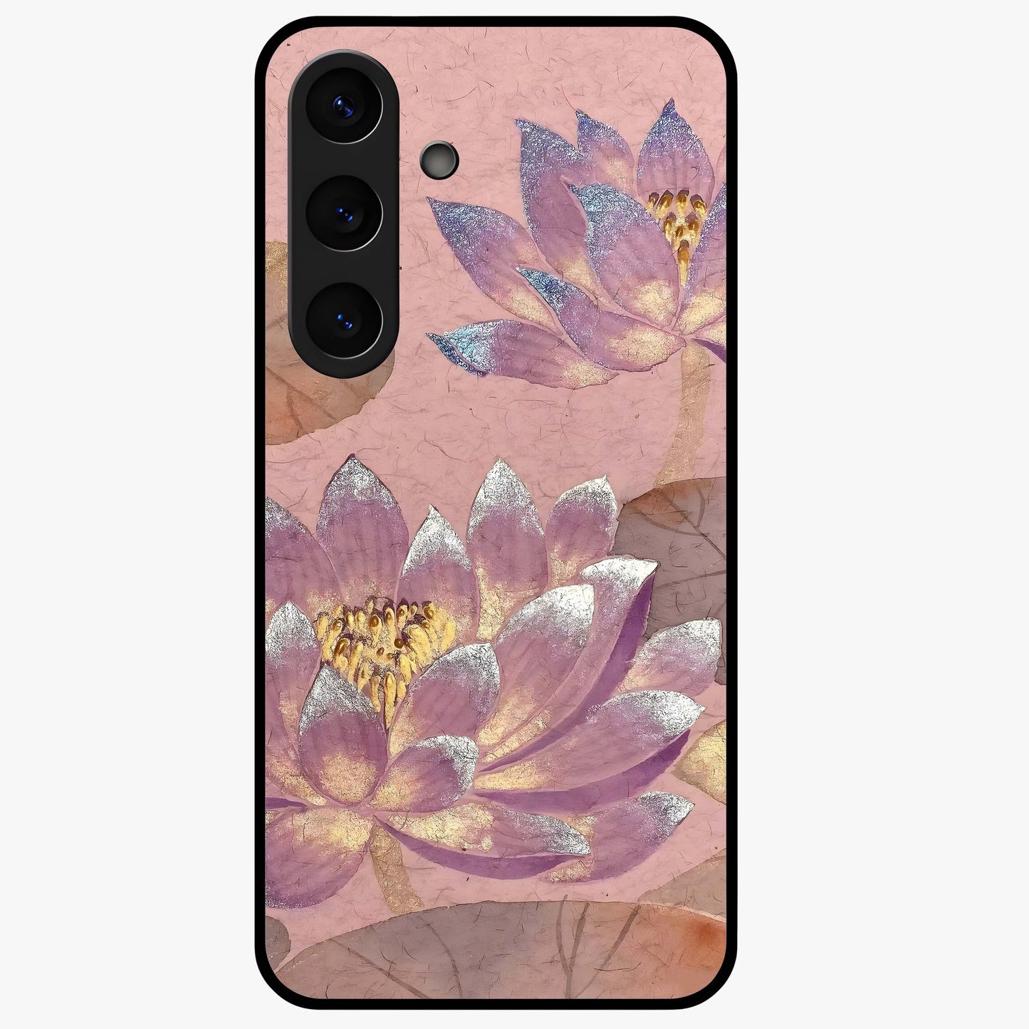 Blossom Mist Lotus Glass Case showing flat back view with serene lotus blossom artwork and glossy glass finish.