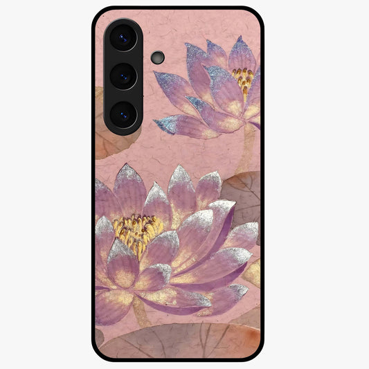 Blossom Mist Lotus Glass Case showing flat back view with serene lotus blossom artwork and glossy glass finish.
