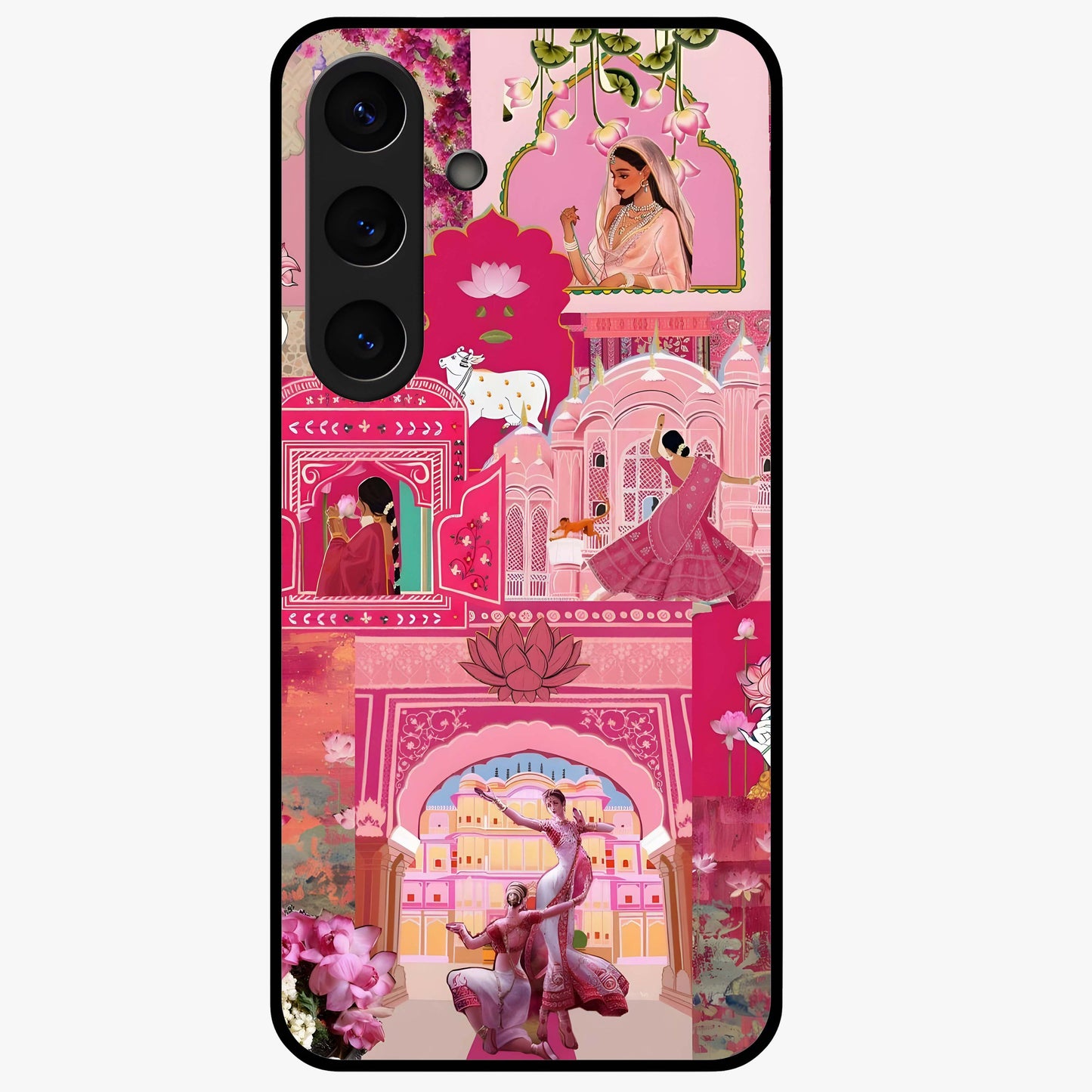 Blossoms of Rajasthan Glass Case showing flat back view with traditional floral artwork inspired by Rajasthan and glossy glass finish.
