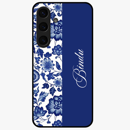 Blue Vintage Floral Pattern Glass Case upright view showcasing timeless floral illustration with vintage inspired style.