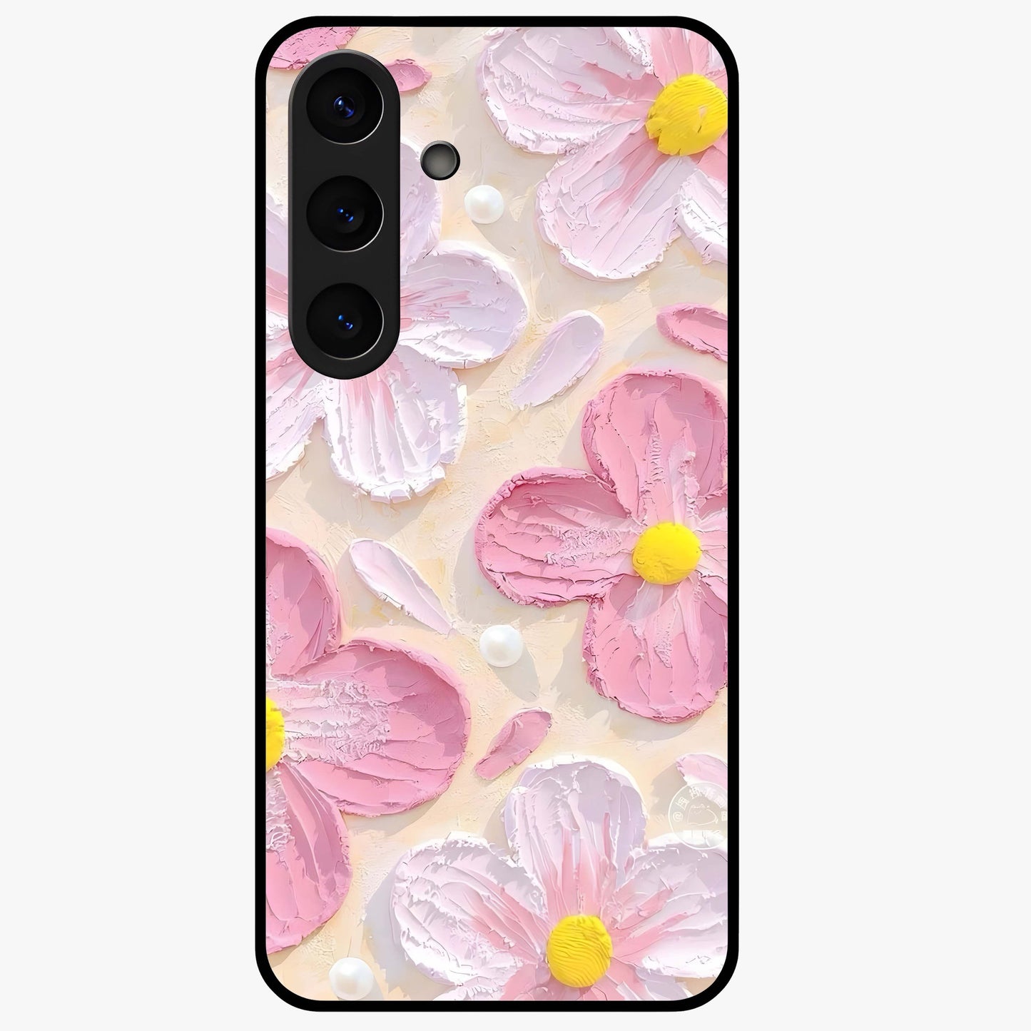 Blush Bloom Texture Glass Case showing flat back view with soft blush floral texture artwork and glossy glass finish.