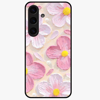 Blush Bloom Texture Glass Case showing flat back view with soft blush floral texture artwork and glossy glass finish.