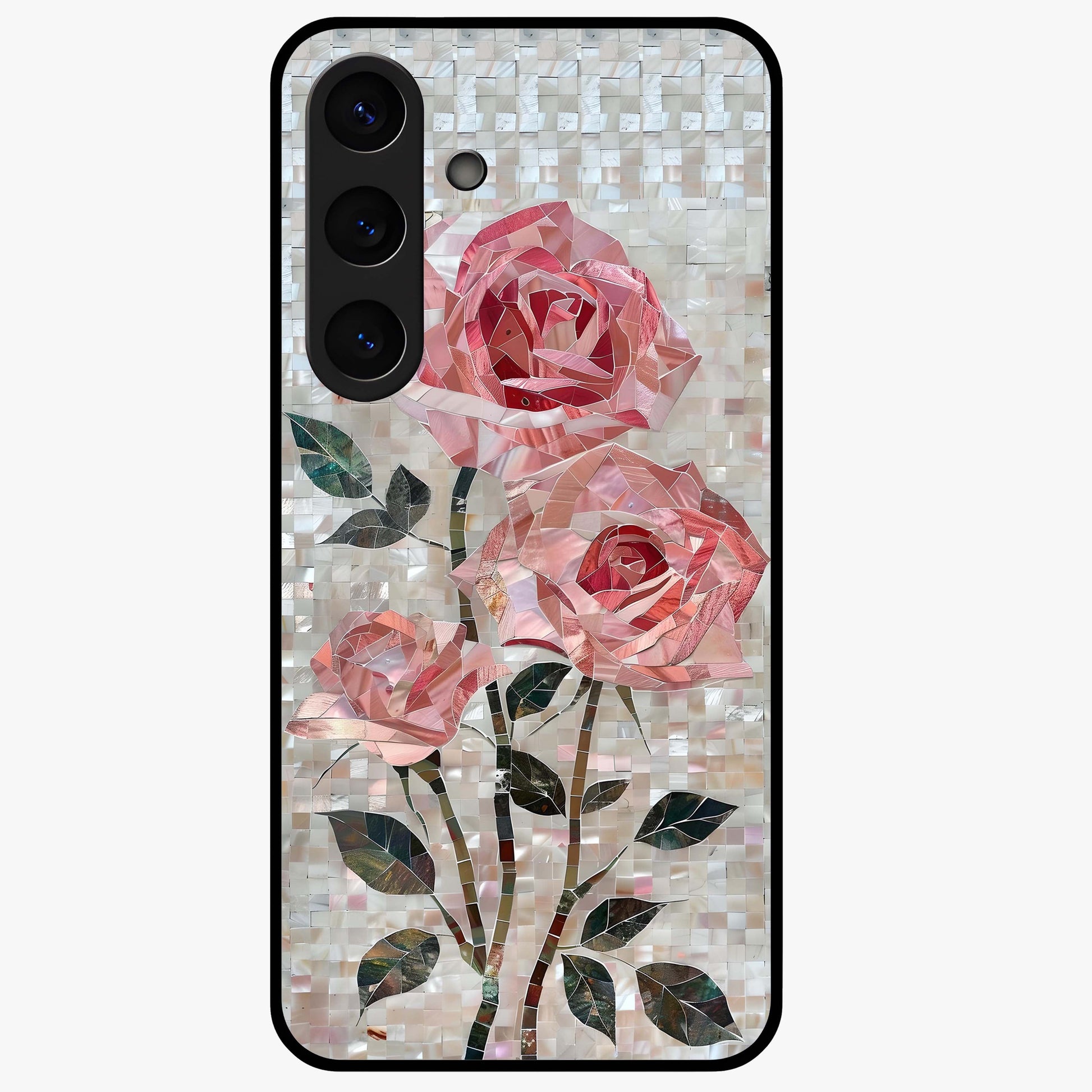 Blush Mosaic Bloom Glass Case showing flat back view with mosaic floral bloom artwork and glossy glass finish.