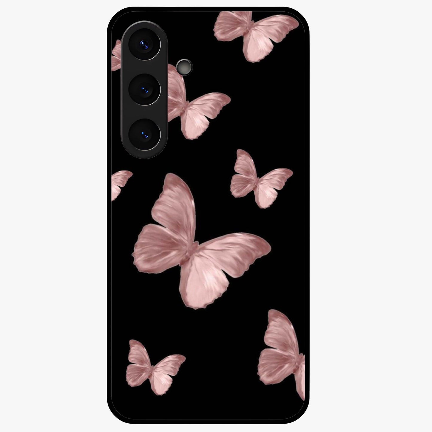Butterfly Pattern Glass Case showing flat back view with elegant butterfly pattern artwork and glossy glass finish.