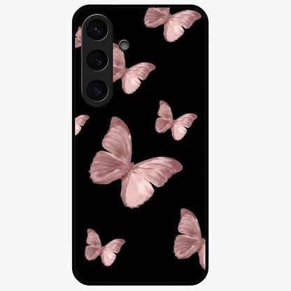 Butterfly Pattern Glass Case showing flat back view with elegant butterfly pattern artwork and glossy glass finish.