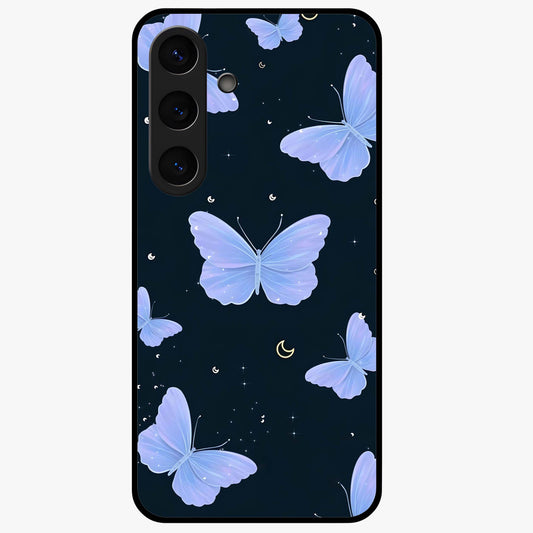 Butterfly With Stars Pattern Glass Case showing flat back view with butterfly and star pattern artwork and glossy glass finish.