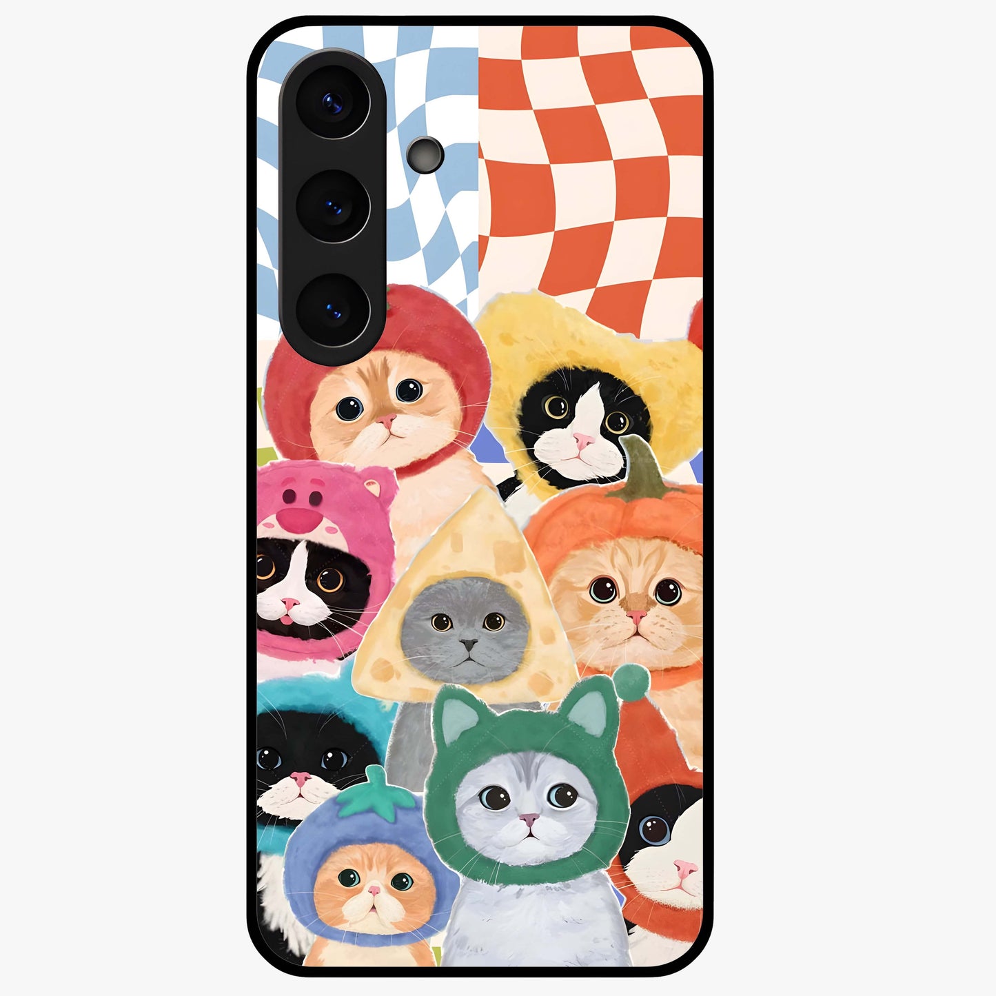 Cats in Fruits Glass Case showing flat back view with playful cat illustrations inside fruit artwork and glossy glass finish.