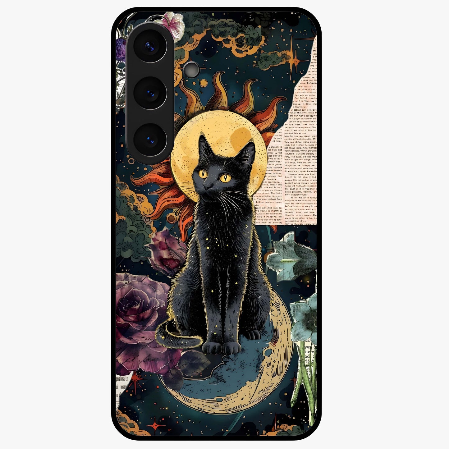 Celestial Black Cat Glass Case showing flat back view with mystical black cat artwork and glossy glass finish.