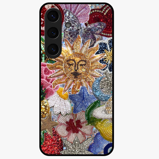 Celestial Floral and Playful Glass Case showing flat back view with floral and celestial themed artwork and glossy glass finish.