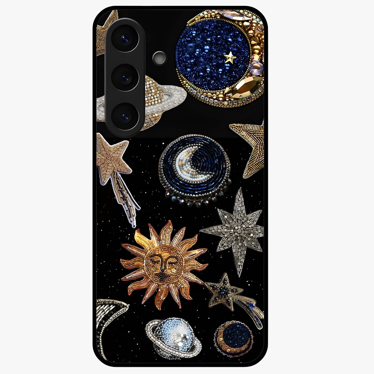 Celestial Gem Constellations Glass Case showing flat back view with sparkling constellation artwork and glossy glass finish.