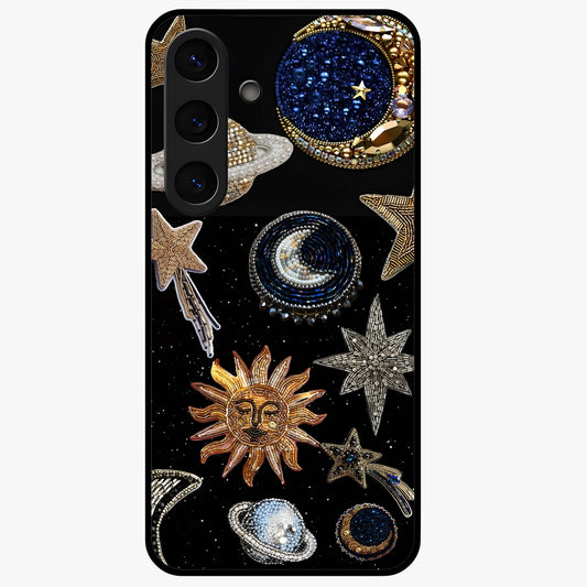 Celestial Gem Constellations Glass Case showing flat back view with sparkling constellation artwork and glossy glass finish.
