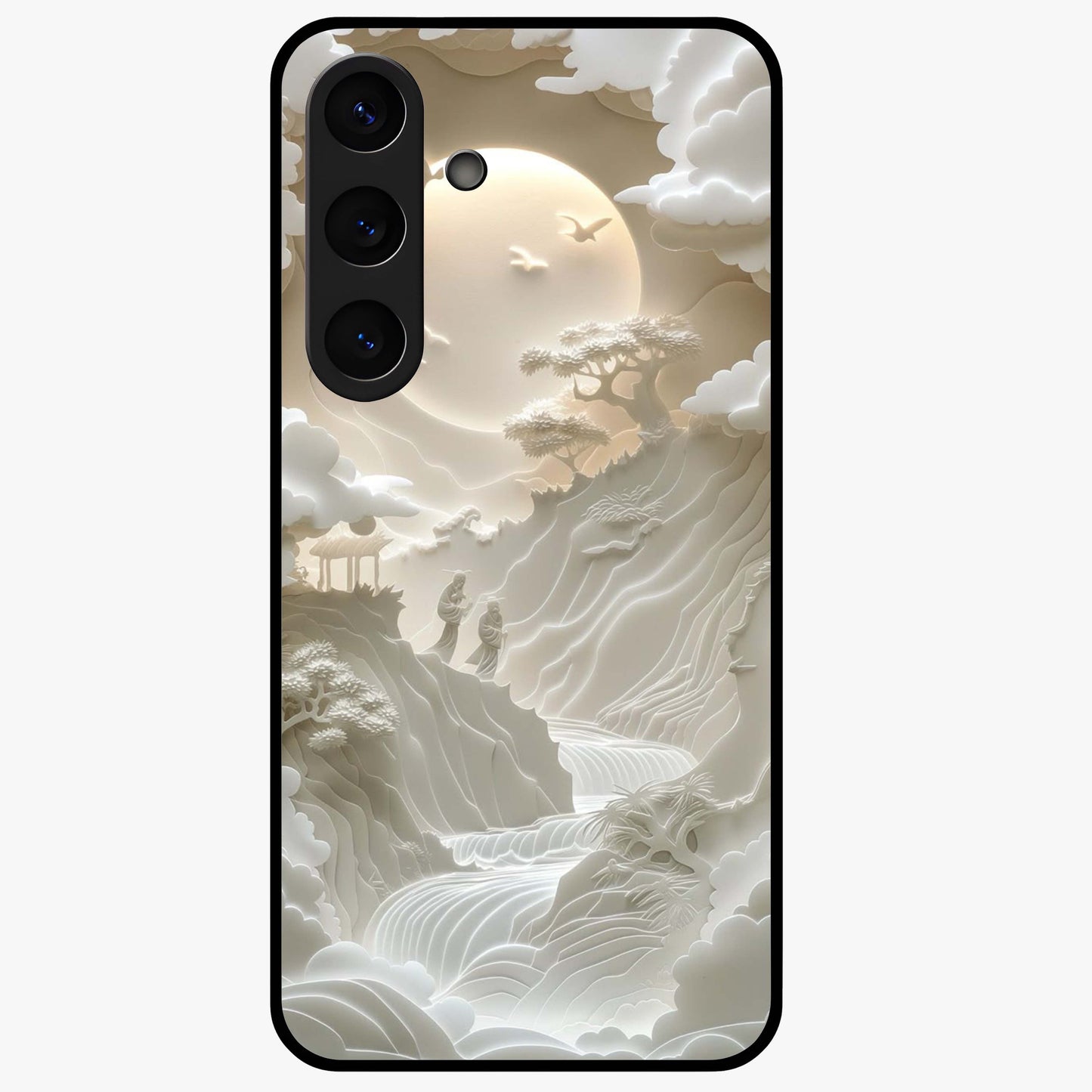 Celestial Origami Glass Case showing flat back view with artistic origami inspired celestial artwork and glossy glass finish.