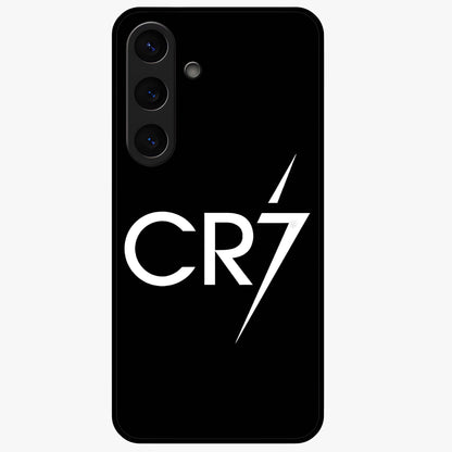 Cr7 Elite Strike Glass Case showing flat back view with dynamic football inspired artwork and glossy glass finish.