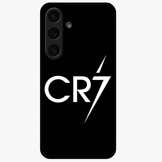 Cr7 Elite Strike Glass Case showing flat back view with dynamic football inspired artwork and glossy glass finish.