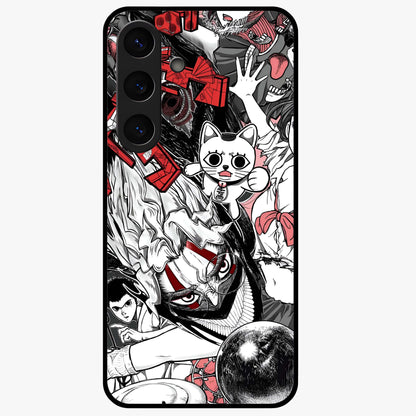 Crimson Chaos Panel Glass Case showing flat back view with bold crimson abstract artwork and glossy glass finish.