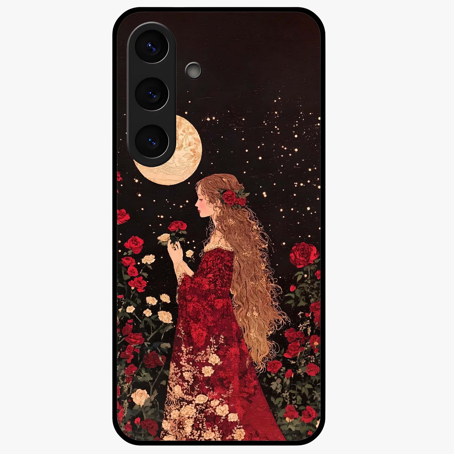 Crimson Dreams Glass Case showing flat back view with dreamy crimson artwork and glossy glass finish.