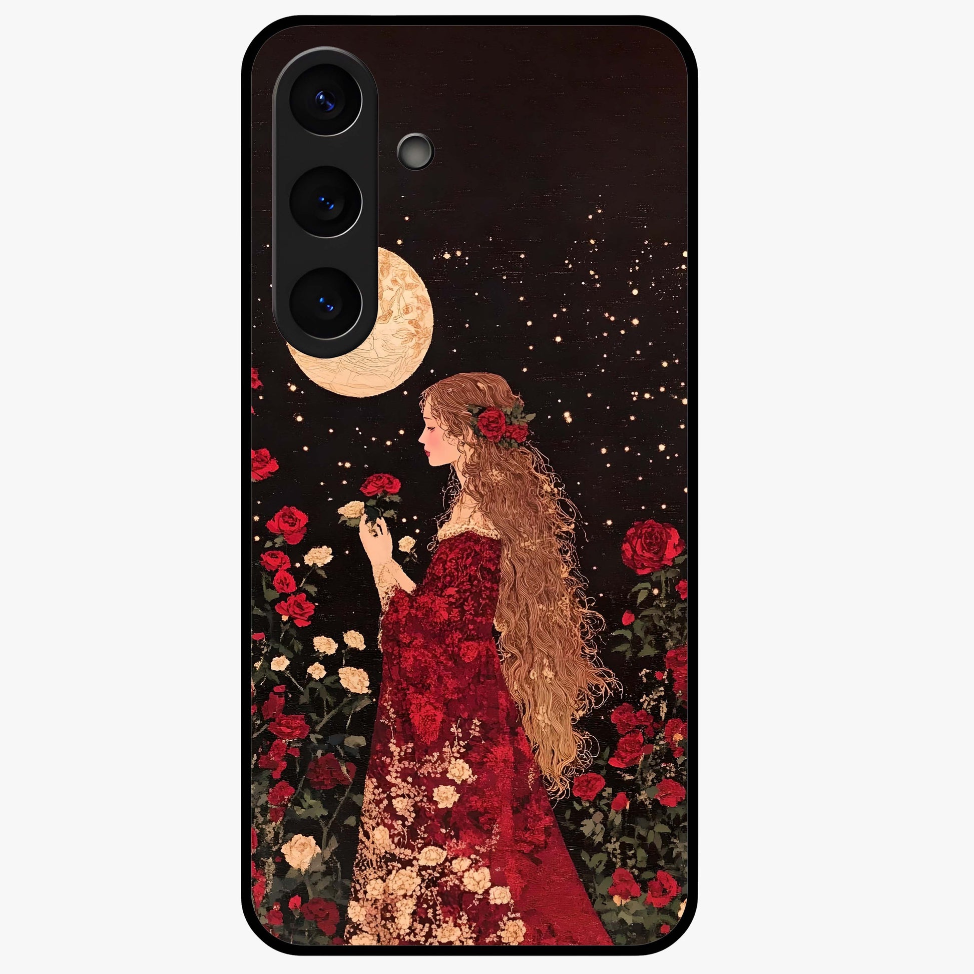 Crimson Dreams Glass Case showing flat back view with dreamy crimson artwork and glossy glass finish.